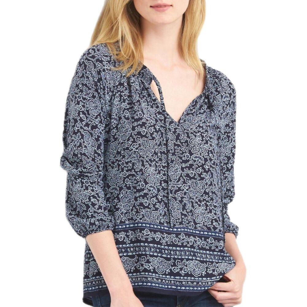 GAP | Navy Blue & White Paisley Print Smocked Peasant Blouse, Size M (8-10)